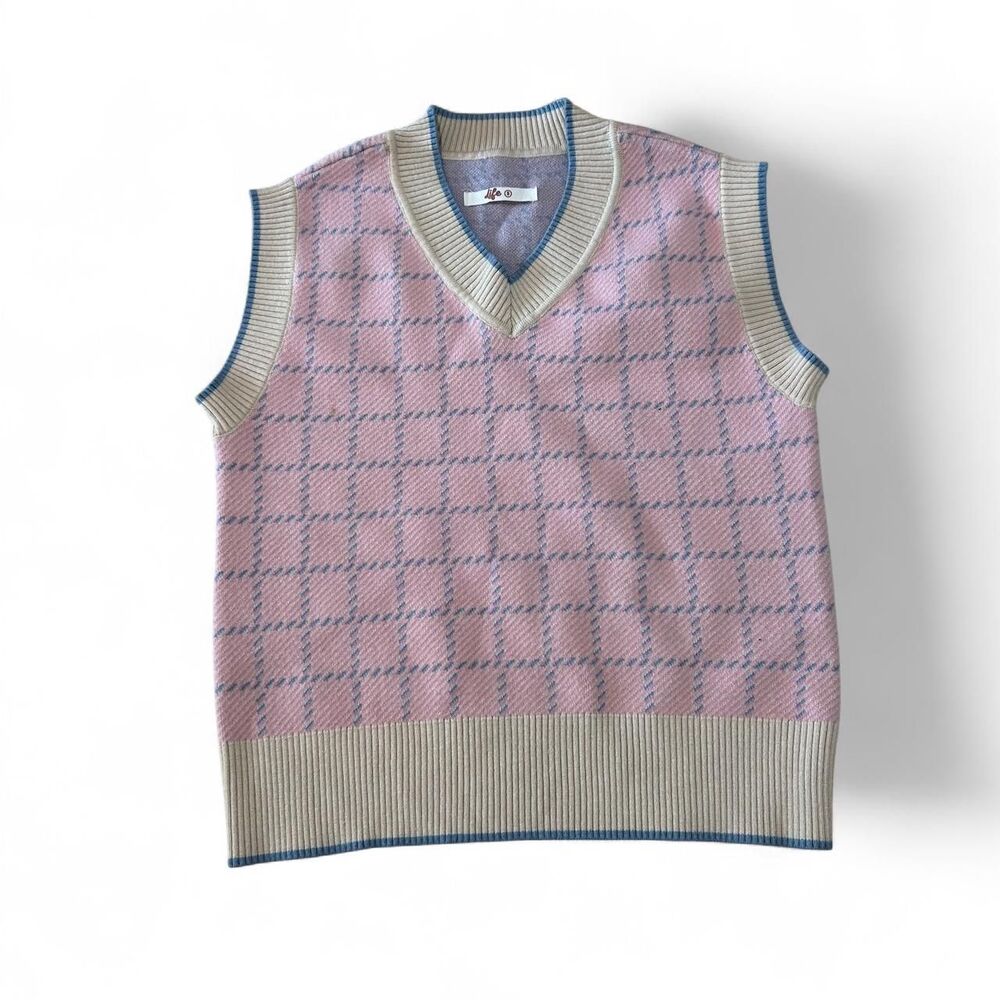 Pink and blue plaid preppy sweater vest